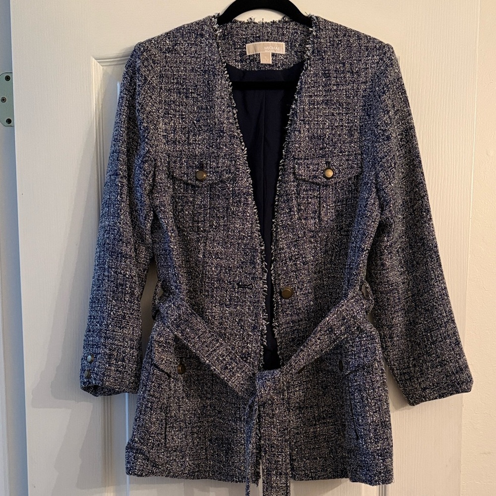 MICHAEL Michael Kors Navy Tweed Belted Blazer